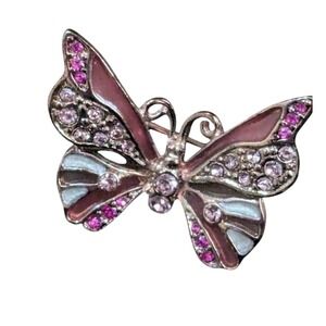 Vintage Enamel Butterfly Brooch With Pink & Clear‎ Rhinestones Estate 1.25"